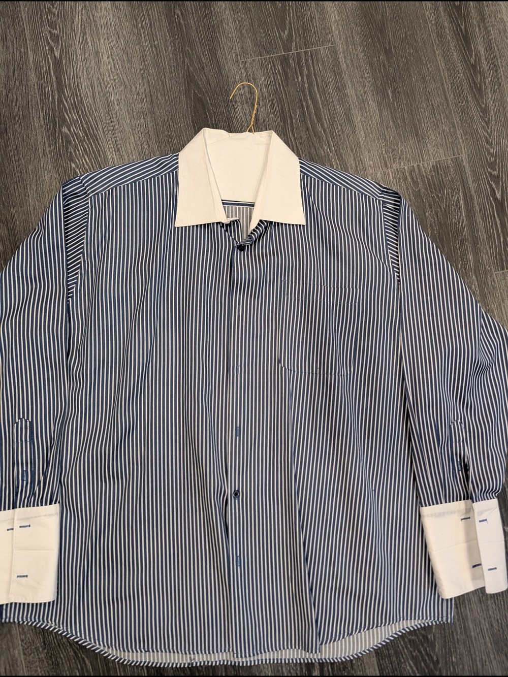 Men's Blue Stripe Dress Shirt with White Contrast Collar and Cuffs